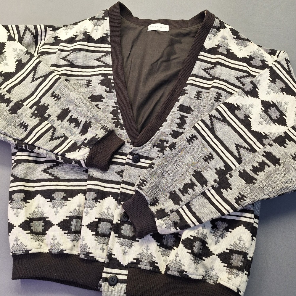 VTG Allen Wah Mens Geometric Southwestern Cotton Cardigan Sweater Black White